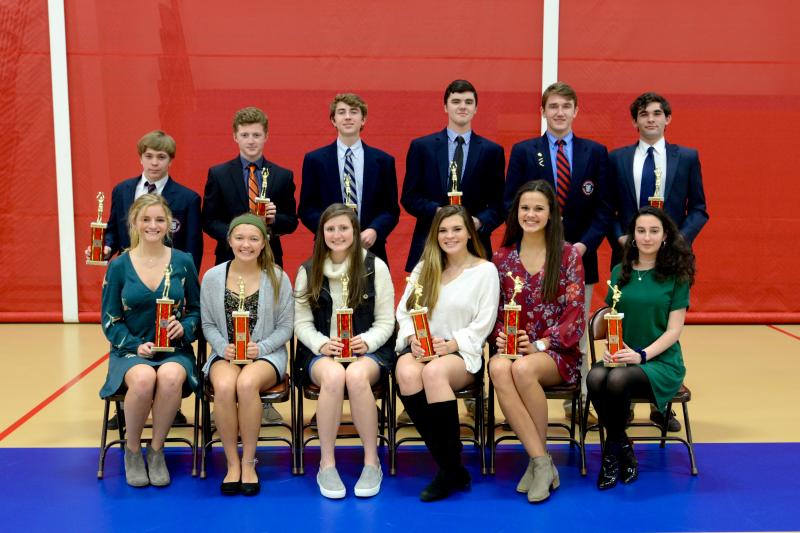 In back are (l-r) Hunter Gentry, most improved, JV basketball; Graham McColgan, Coaches Award, JV basketball; Mason Brown, MVP, JV basketball; Colin Miller, most improved, varsity basketball; Tucker Brown, MVP, varsity basketball; and Cole Berry, Coaches Award, varsity basketball. In front are Delaney Abercrombie, most improved, varsity basketball; Carly Hoffman, Coaches Award, varsity basketball; Hailey Merritt, MVP, varsity basketball; Kendall Holmes, Coaches Award, cheerleading; Sami Repass, most spirited, cheerleading; and Ellie Todorov, most improved, cheerleading. SUBMITTED PHOTOS